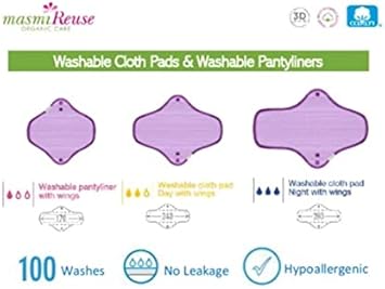 Masmi Washable Reusable Cotton Menstrual Day Pads. Equivalent To 2 Tampons, Up To 100 Washes. Made With Gots Certified Organic Cotton (Global Organic Textile Standard), Purple