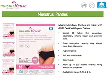Masmi Highly Absorbent Washable Reusable Period Pants, Equivalent To 4 Tampons, Gots Organic Cotton, 100 Washes (Medium), Black