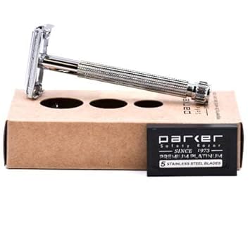 Parker 29L Chrome, Long Handle Butterfly Open Double Edge Safety Razor For Men & Women, 5 Parker Premium Platinum Double Edge Razor Blades Included