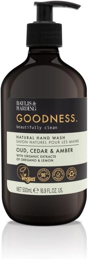 Baylis & Harding Goodness Oud, Cedar & Amber Natural Oils, Salt, Apricot And Olive Stones Scrub, 450 G (Pack Of 6) - Vegan Friendly