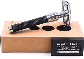Parker 92R Graphite Gray, Long Handle Heavyweight Butterfly Open Double Edge Safety Razor For Men, 5 Parker Premium Platinum Double Edge Razor Blades Included : Beauty & Personal Care