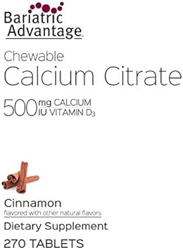 Bariatric Advantage Calcium Citrate Chewable 500mg with Vitamin D3 for Bariatric Surgery Patients Including Gastric Bypass and Sleeve Gastrectomy, Low Sugar - Cinnamon Flavor, 270 Count : Health & Household