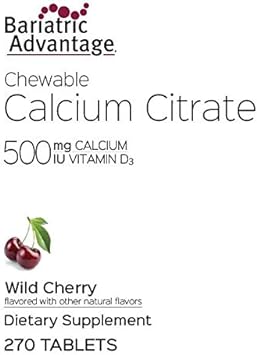 Bariatric Advantage Calcium Citrate Chewable 500mg with Vitamin D3 for Bariatric Surgery Patients Including Gastric Bypass and Sleeve Gastrectomy, Low Sugar - Wild Cherry Flavor, 270 Count : Health & Household
