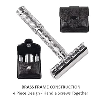 Parker A1R Travel Safety Razor - Compact 4-Piece Double Edge Safety Razor With Protective Leather Case - Ideal For Everyday Use - Iconic Brand : Beauty & Personal Care