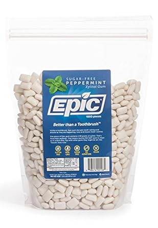 Epic Xylitol Chewing Gum - Sugar Free & Aspartame Free Chewing Gum Sweetened W/Xylitol For Dry Mouth & Gum Health (Peppermint, 1000-Piece Bag, 1 Bag)