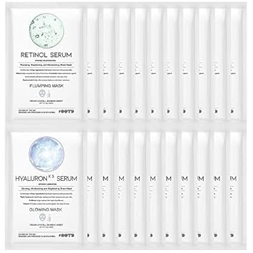 Retinol + Hyaluron Serum Korean Sheet Mask Sheet Gift Pack 20 Count Plumping Glowing Luminating Hydrating Rejuvenating Sheet Mask Gift Pack