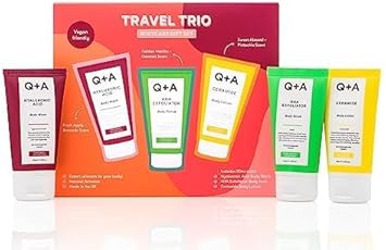 Q+A Travel Trio Body Care Giftset, Containing A Hyaluronic Acid Body Wash, Aha Exfoliator Body Scrub, And A Ceramide Body Lotion, Each Item 50Ml