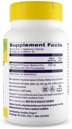 Healthy Origins Pycnogenol 100 mg - Premium Pine Bark Extract - French Maritime Pine Bark Extract for Heart Health, Skin Care & More - Gluten-Free & Non-GMO Supplement - 30 Veggie Caps : Health & Household