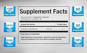 Vitamorph Carnitine 1500 - Acetyl L-Carnitine 1500mg Maximum Strength Carnitine Supplement - Supports Energy, Memory, Focus and Weight Loss Management - 120 Vegetarian Capsules : Health & Household