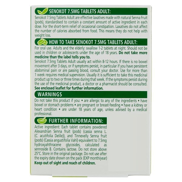 Senokot 7.5Mg Tablets Adult Senna Laxative Constipation 20S