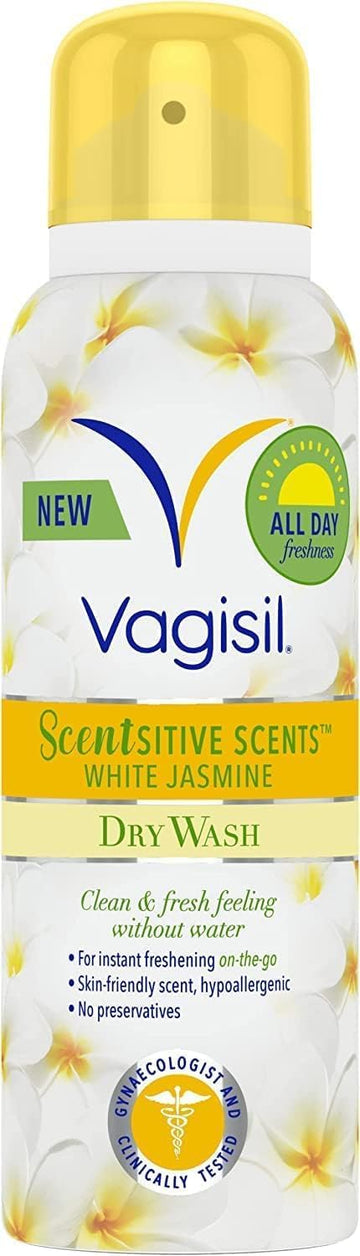 Vagisil Scentsitive Scents Dry Wash Spray For Women, All-Day Freshness, Hypoallergenic, Skin-Friendly White Jasmine Scent, 125 Ml