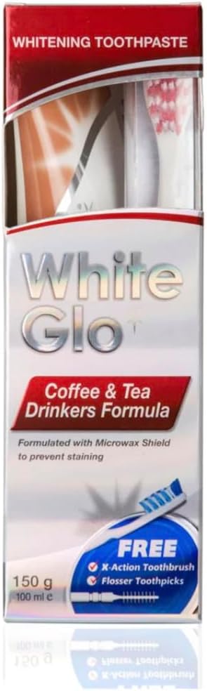 White Glo Premium Coffee & Tea Drinkers Formula Intense Extra Whitening Toothpaste & Toothbrush-100 Ml (Pack Of 2) With Sanitral 50 Pcs Dental Floss Stick Included As A Gift