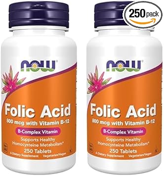 Now Supplements, Folic Acid 800 Mcg + B-12 (Cyanocobalamin) 25 Mcg, B Complex Vitamin, 250 Tablets (Pack Of 2)