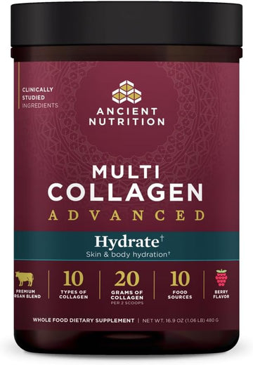 Ancient Nutrition Advanced Multi Collagen Protein Powder Hydrate, Mixed Berry, 30 Servings
