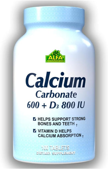 Calcium 600Mg + D3 Dietary Supplement By Alfa Vitamins - Promotes Healthy Bones - Healthy Teeth - Healthy Heart - Healthy Nervous System -100 Tablets
