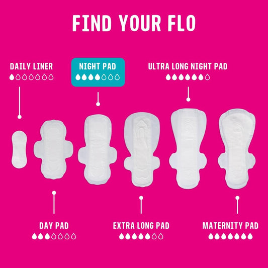 Flo Organic Bamboo Sanitary Towels With Wings – Ultra-Thin, Soft, Absorbent Period Pads For Leak-Proof Protection – 14 Night Pads