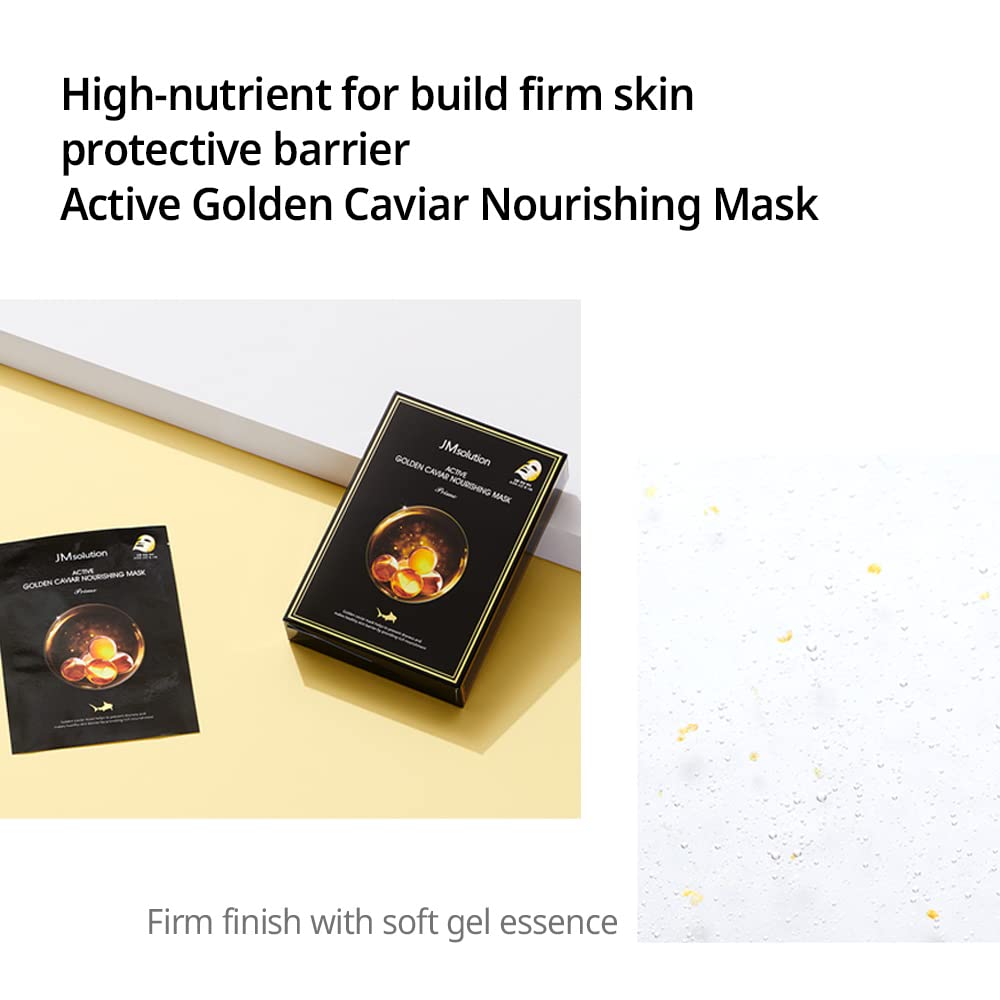 Jmsolution Active Golden Caviar Nourishing Mask - Korean Skincare Facial Mask-Caviar Extracted - Collagen Essence- 10 Sheets For All Skin Types