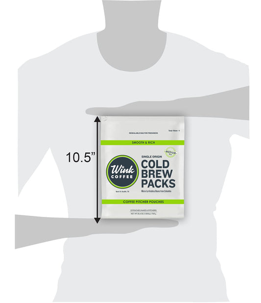 Wink Coffee Cold Brew Pitcher Packs, Coarse Ground 100% Arabica Coffee Beans, Single Origin Colombian Andes, 12 Count, Makes 42 Cups Or 6 Large Pitchers, Smooth, Bold & Sweet