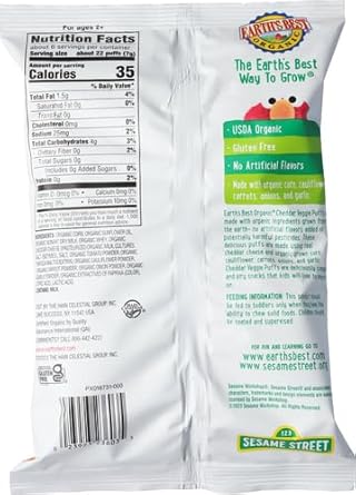 Earth'S Best Organic Veggie Puffs For Toddlers 2 Years Old And Up, Cheddar Flavor, 1.55 Ounce Bag