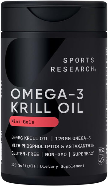 Sports Research® Omega-3 Krill Oil 500Mg - Pure Antarctic Superba Krill With Phospholipids, Choline & Astaxanthin - Msc Certified Sustainable, Non-Gmo Verified & Gluten Free - 120 Mini-Gels