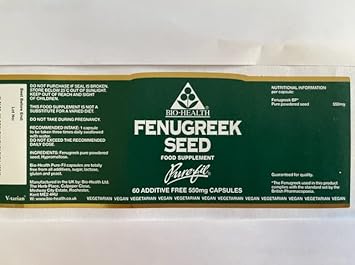 Bio-Health Fenugreek Seed 550Mg Herbal Food Supplement For General Health, Suppports Normal Blood Sugar Levels And Cholesterol, Additive Free, 60 Capsules