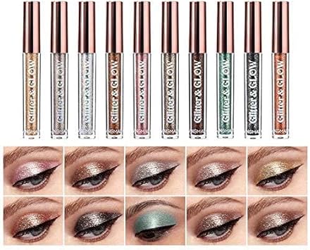 10 Color Metallic Glitter Liquid Eyeshadow Set, Waterproof Smoky Eye Makeup, Long-Lasting Quick-Drying Glitter Eye Makeup Kit (A)