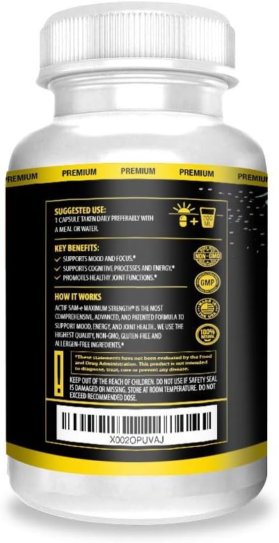 Actif Sam-E Maximum Strength With 400Mg High Absorption Sam-E For Mood And Energy, Non Gmo, 60 Count, Made In Usa