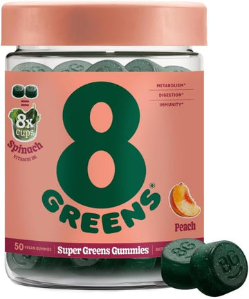 8Greens Daily Greens Gummies - Superfood Booster, Energy & Immune Support, Made With Real Greens, High In Antioxidants, Greens Powder, Vitamin C, B12, Spirulina, Peach Flavored, 50 Vegan Gummies