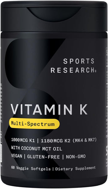 Sports Research® Multi-Spectrum Vitamin K With Coconut Mct Oil - Plant Based Vitamin K1 & K2 (Mk-4 + Mk-7) - Vegan Certified, Non-Gmo & Gluten Free - 60 Veggie Softgels