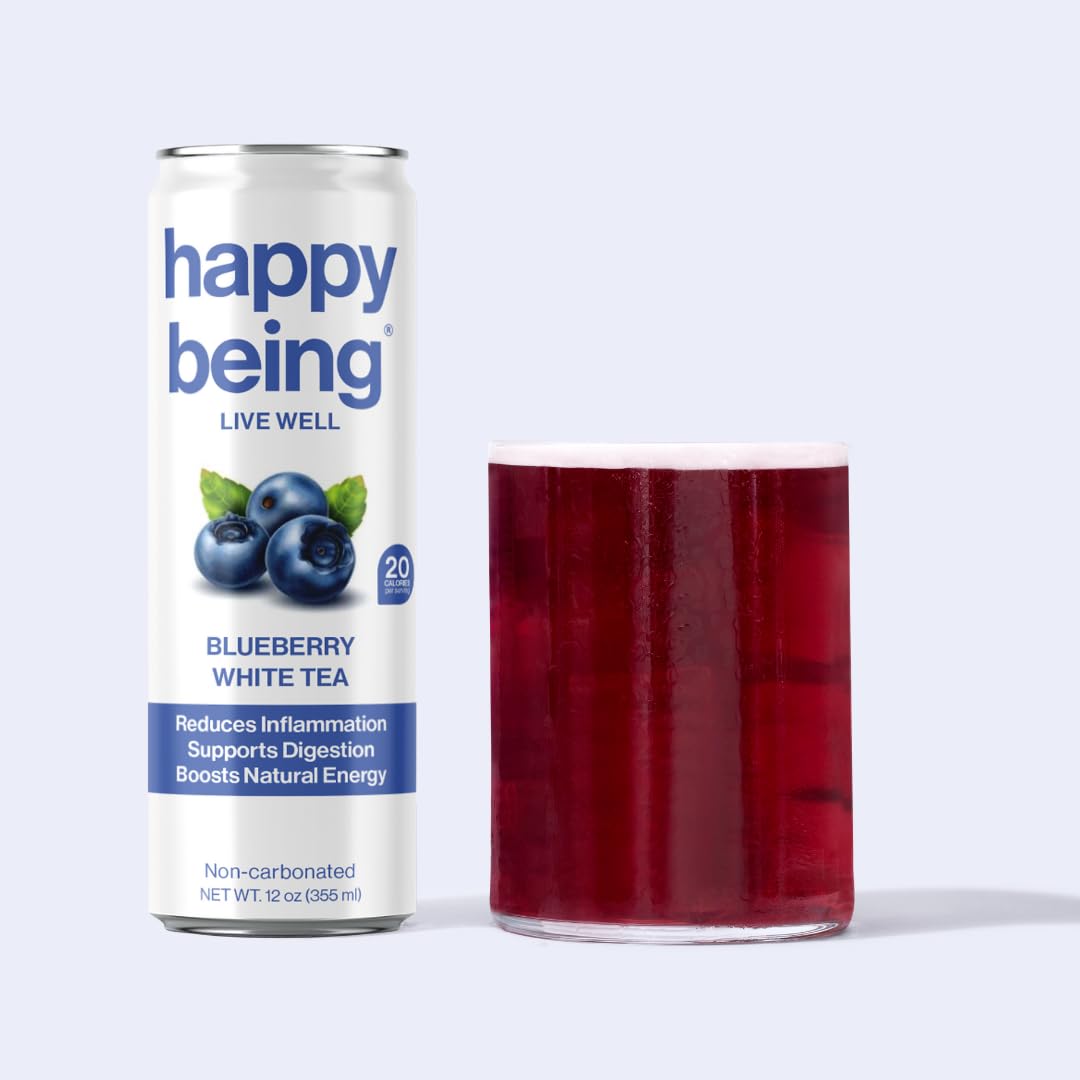 Happy Being Nutrient-Rich Organic Blueberry White Tea – Infused With Turmeric, Elderberry, Vitamin D3, Caffeine Free, Plant-Based, Low Calorie & Low Sugar Drinks, 12Oz (4 Pack)