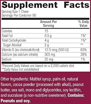 Bariatric Advantage Calcium Citrate Chewy Bites 500Mg With Vitamin D3 For Bariatric Surgery Patients Including Gastric Bypass And Sleeve Gastrectomy, Sugar Free - Peanut Butter Chocolate, 90 Count