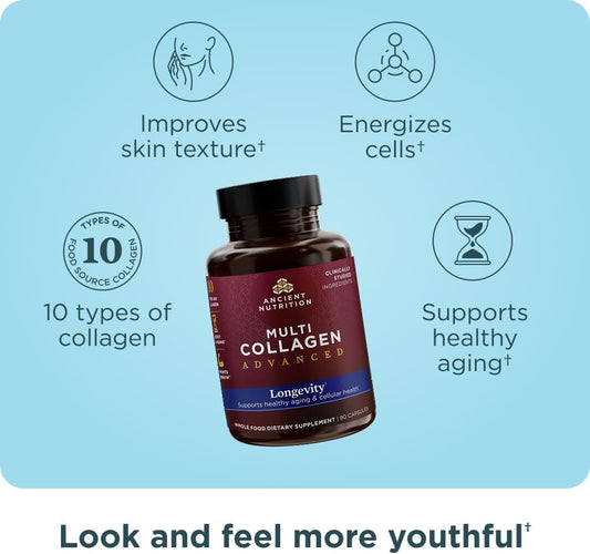Ancient Nutrition Multi Collagen Advanced Longevity With Probiotics, Hydrolyzed Collagen Peptides Promotes Healthy Aging And Cellular Energy, 90 Count