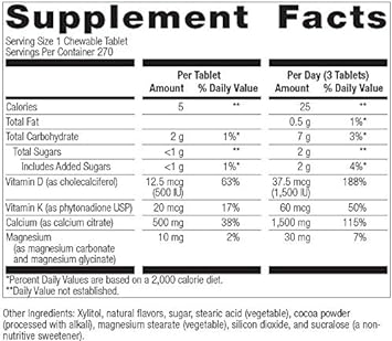 Bariatric Advantage Calcium Citrate Chewable 500mg with Vitamin D3 for Bariatric Surgery Patients Including Gastric Bypass and Sleeve Gastrectomy, Low Sugar - Chocolate Flavor, 270 Count : Health & Household