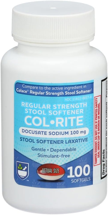Rite Aid Col-Rite Stool Softener Capsules, 100 Mg - 100 Count | Stool Softeners Softgels | Colace Stool Softener | Laxatives For Constipation | Personal Care | Stimulant Free For Dependable Relief