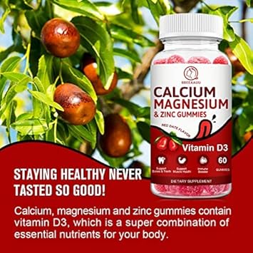 Calcium, Magnesium, Zinc & Vitamin D Gummies - 2 Pack | Vitamins For Women, Men & Kids | Calcium Supplements For Strong Healthy Bones, Zinc Gummies, Gluten-Free, Vegan - 120 Count