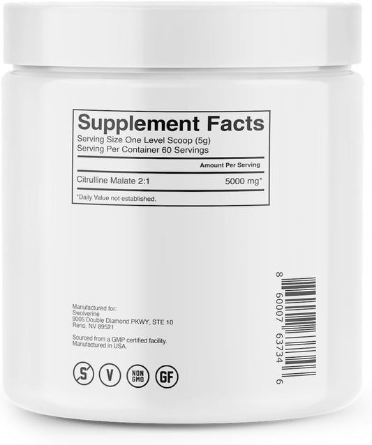 Buy Swolverine Citrulline Malate 2:1 | 2:1 Ratio Of L-Citrulline & Malic Acid, Increases Strength, Enhances Muscular Endurance, Boost No, Optimize Recovery, 300G, 5G Per Serving, Unflavored, (60 Servings) On  Free Shipping On Qualified Orders