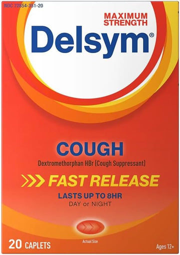Delsym Maximum Strength Cough Suppressant, Fast Release Caplets, Lasts Up To 8 Hour Day Or Night, 20 Count