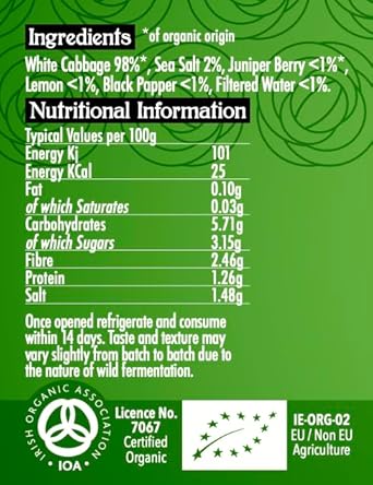 The Cultured Food Co. - Juniper Berry With Lemon And Cracked Black Pepper Sauerkraut 400G Jar X 2 - Organic, Probiotic, Raw & Unpasteurised -Traditionally Fermented -Handmade - No Preservative-Vegan