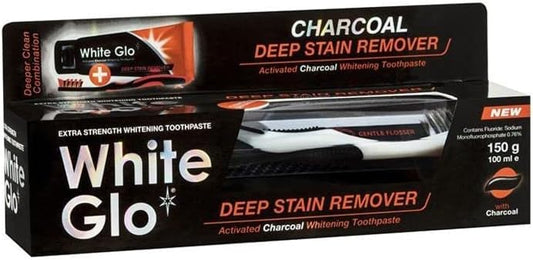 White Glo Charcoal Deep Stain Remover Whitening Fluoride Anticavity Toothpaste, 50% More Charcoal And Micro-Particles To Purge Stains, Bacteria, Detoxified Mouth And Sparkling White Smile - 5.3 Ounces