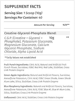 Metabolic Nutrition, Cgp, Creatine Glycerol Phosphate, 100% Micronized Creatine Powder, Pre Intra Post Workout Supplement, Blue Raspberry, 400 Grams (40 Servings)