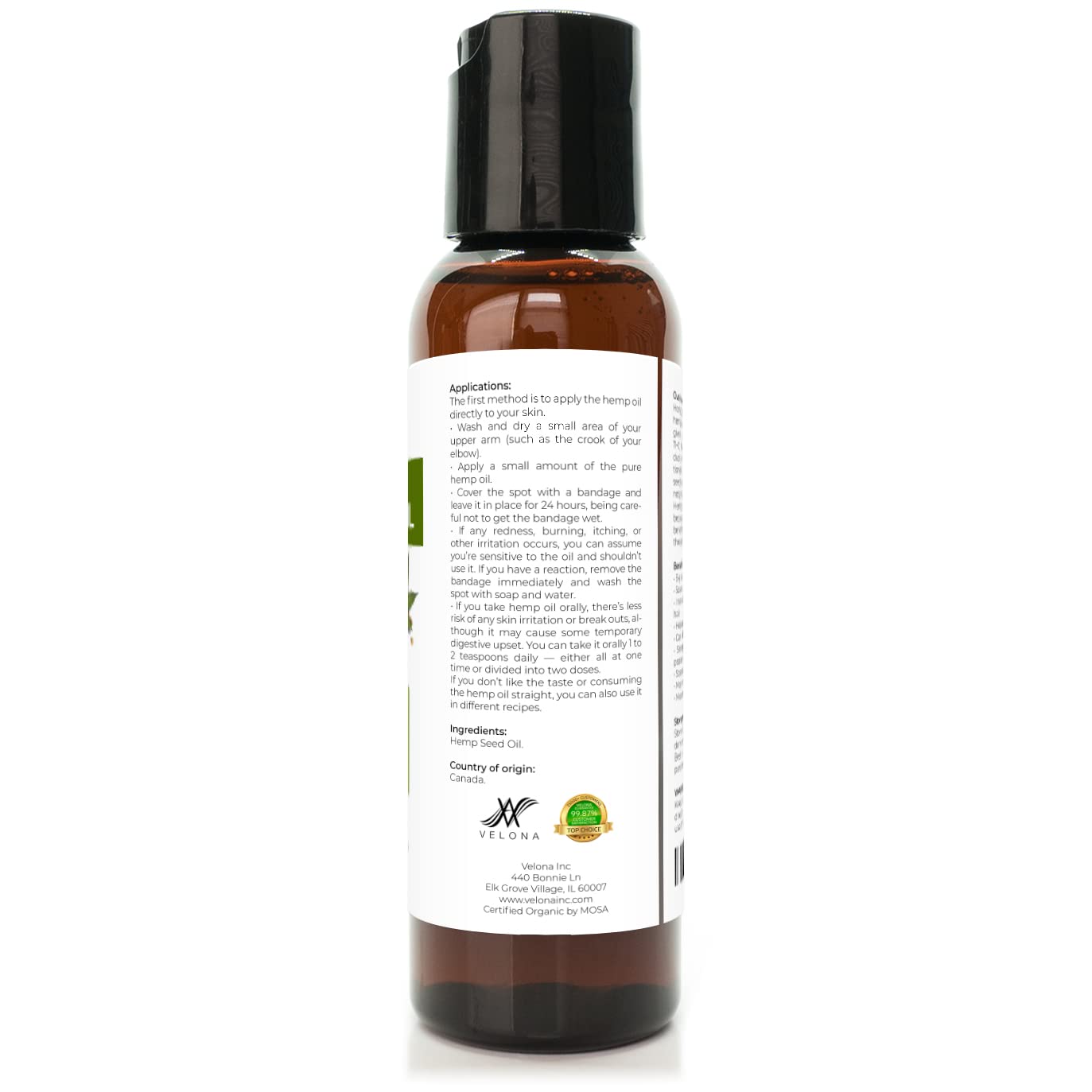 velona Hemp Seed Oil USDA Certified Organic - 2 oz | 100% Pure and Natural Carrier Oil | Unrefined, Cold Pressed | Hair, Body, Face & Skin Care | Use Today - Enjoy Results