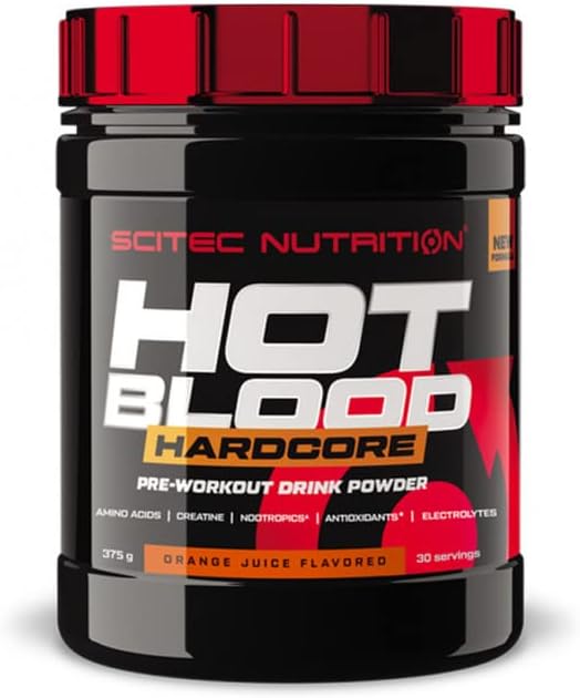 Scitec Nutrition Hot Blood Hardcore, Pre-Workout Drink Powder With Amino Acids And Creatine, 375 G, Orange Juice