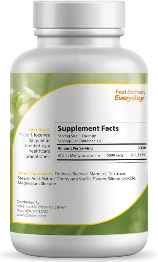 Zahler B12 Energizer, Potent Energy Supplement, Vitamin B12 Methylcobalamin, Certified Kosher, 5000 Mcg, 120 Natural Cherry Flavor Lozenges