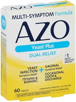 Azo Yeast Plus Dual Relief Tablets, Yeast Infection And Vaginal Symptom Relief, Relieves Itching & Burning, 60 Count