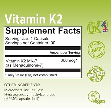 Nutrizing K2 Vitamin Supplement Mk-7 - High Strength 600Mcg - Supports Bone & Arterial Health - 90 Vegan Capsules - Vitamin K2 For Men & Women - 3 Month Supply