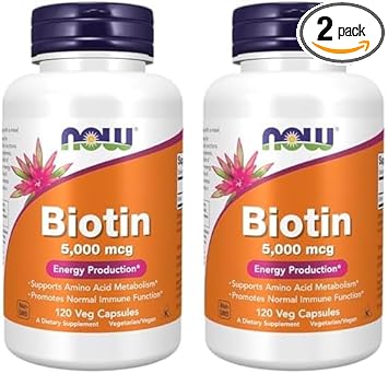 Now Supplements, Biotin 5,000 Mcg, Amino Acid Metabolism*, Energy Production*, 120 Veg Capsules (Pack Of 2)