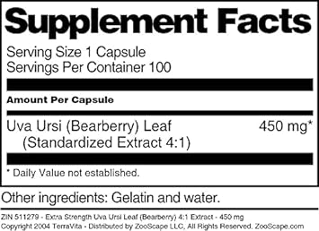 Terravita Extra Strength Uva Ursi Leaf (Bearberry) 4:1 Extract - 450 Mg (100 Capsules, Zin: 511279)