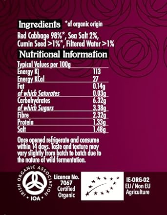 The Cultured Food Company - Organic Ruby Red Sauerkraut 400G Jar X 2-100% Natural Ingredients- Raw & Unpasteurised - Probiotic Rich - Traditionally Fermented Red Cabbage- Handmade - No Preservatives