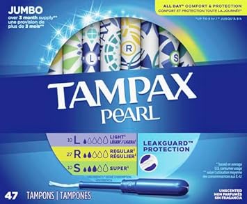 Tampax Pearl Tampons Multipack, Light/Regular/Super Absorbency, With Leakguard Braid, Unscented, 47 Count (Pack Of 4)