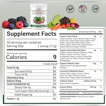 Superfood Reds & Greens Powder - 11.64 Oz, Prebiotics & Probiotics For Digestive Health, Super Greens Powder With Ashwagandha For Gut Health, Immunity, Antioxidants, Vegan, Non-Gmo